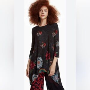 Desigual Cronosk knit tunic top floral handkerchief hem black XL